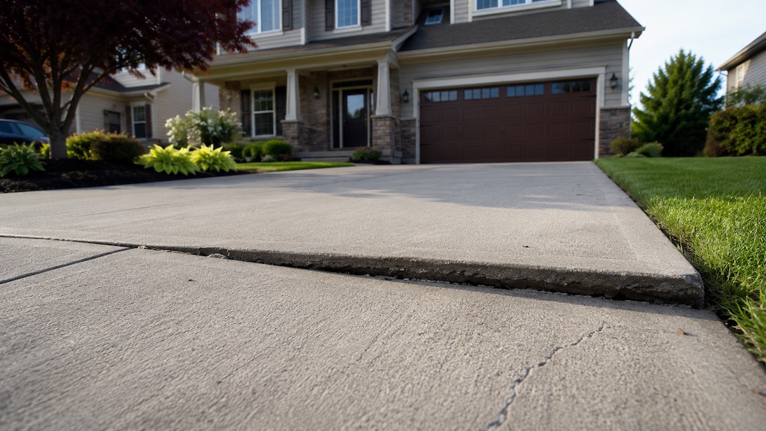 Sunken sidewalk trip hazard before polyurethane concrete lifting in Shelby Township, MI Sunken sidewalk trip hazard before polyurethane concrete lifting in Shelby Township, MI
