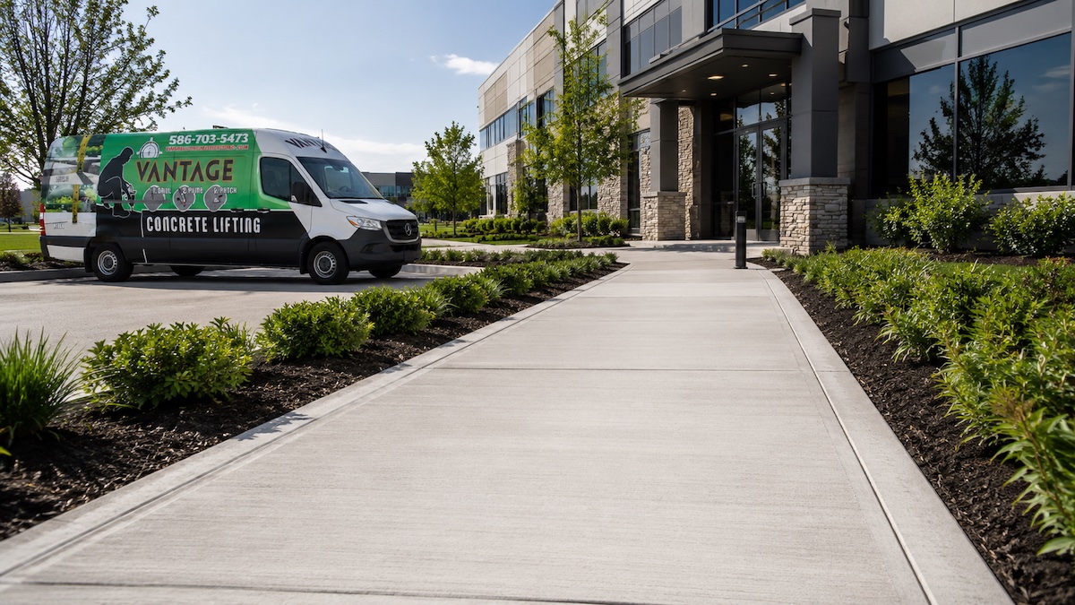 Construction company Shelby Township, MI — Vantage Concrete Leveling Vantage Concrete Leveling branded van and level sidewalk in Shelby Township, MI